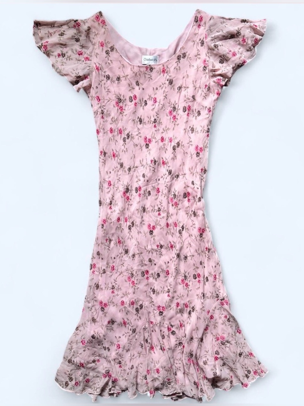 Vintage Cottagecore Pink Silk Ruffle Maxi Dress Floral Chadwicks Fairycore